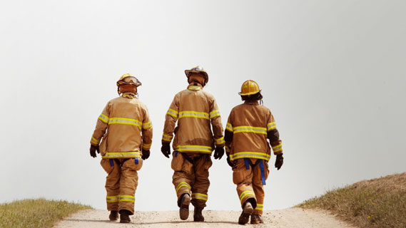 Three firefighters with their backs turned walk over the crest of a hill in full gear together